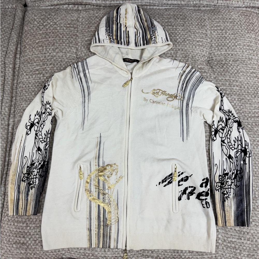 Ed Hardy Demon Hooded Wool Blend Full Zip Sweater Cardigan Large RARE